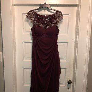 Wine colored bridesmaid dress.